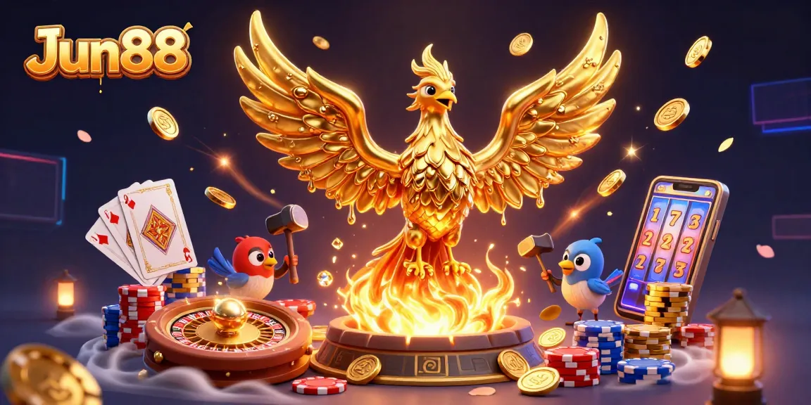 Experience high-stakes gaming at Jun88's dynamic casino scene with golden phoenix, coins, and poker chips