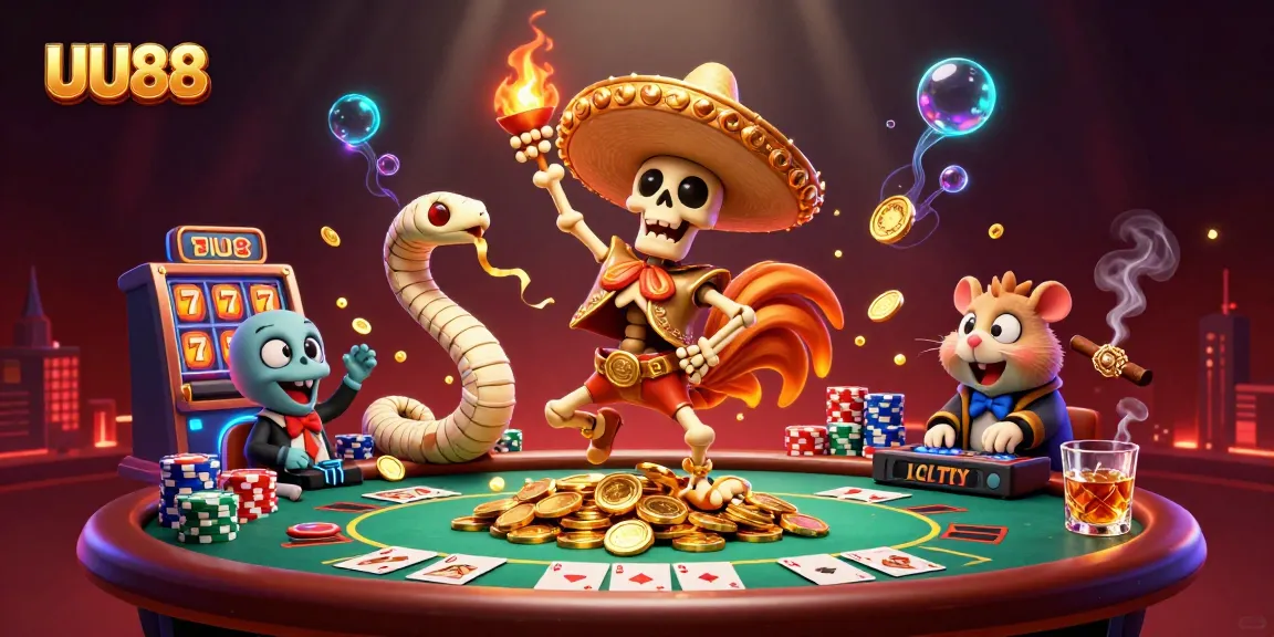Experience the excitement of UU88 in this vibrant 3D illustration of a casino scene with thrilling characters.