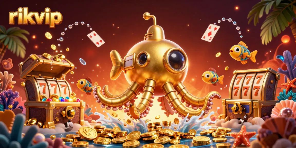 Join the excitement of rikvip with a golden kraken submarine amidst floating slot machines and riches.