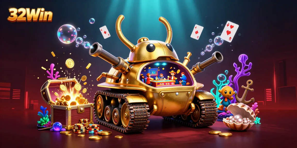 Experience the vibrant energy of 32Win with a 3D depiction of a casino in a golden beetle tank.
