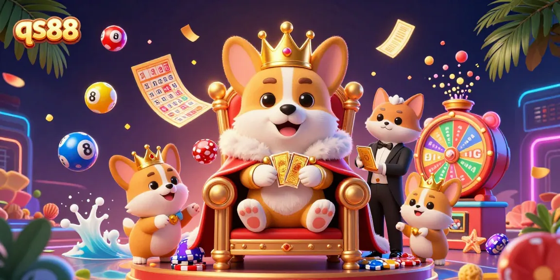 Engage with the vibrant qs88 casino scene featuring a royal corgi, colorful lottery elements, and dynamic gaming excitement.