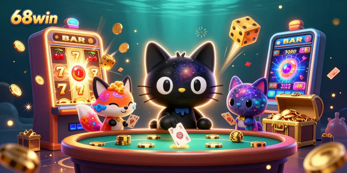 Experience the excitement of 68win with vibrant 3D characters amidst dynamic casino elements.