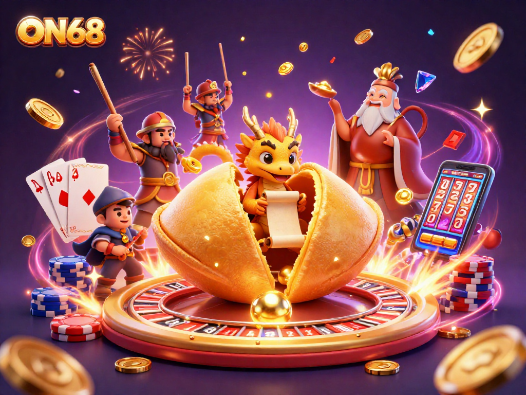 Experience thrilling gameplay at ON68 with floating treasures and festive celebration activities in this vibrant casino scene.