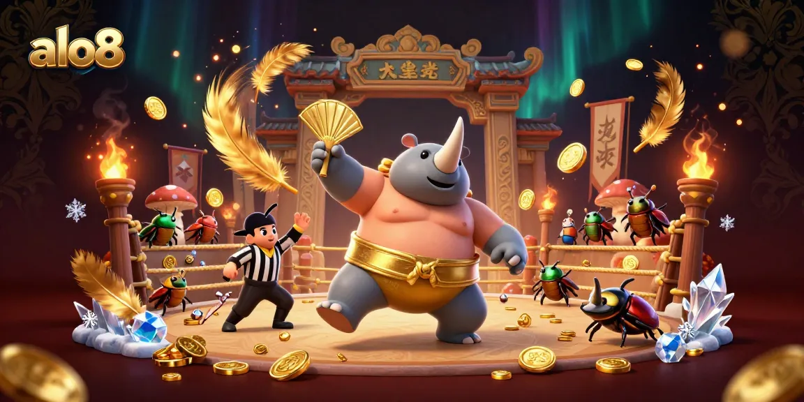 Spin and win at alo8 with the sumo beetle champion's powerful stomp as gold coins fly