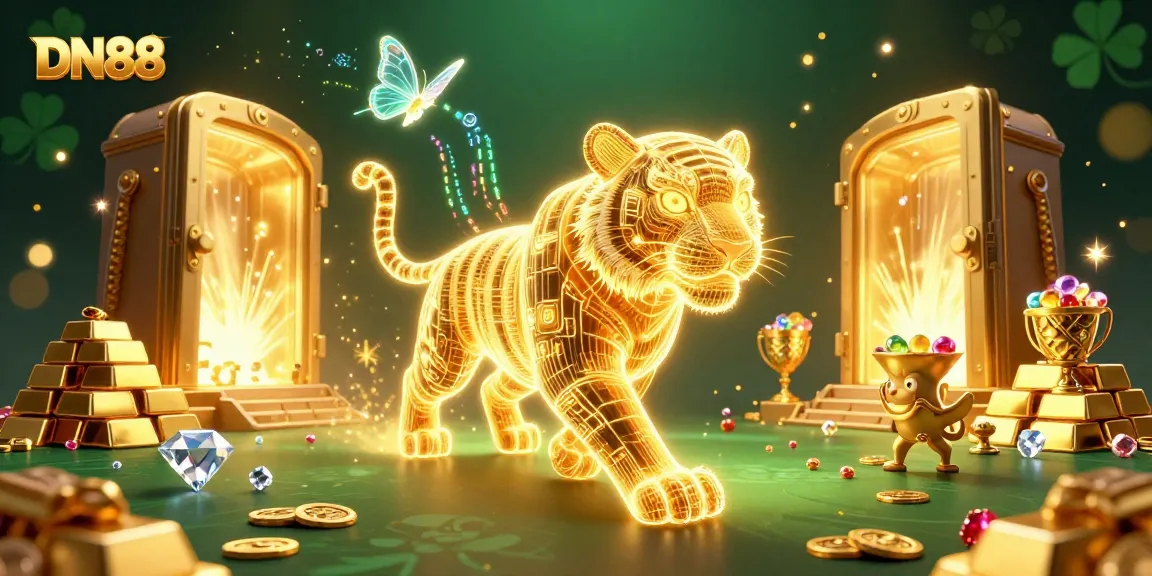 Experience the thrill of DN88 with a golden tiger and dazzling treasures in a vibrant casino.
