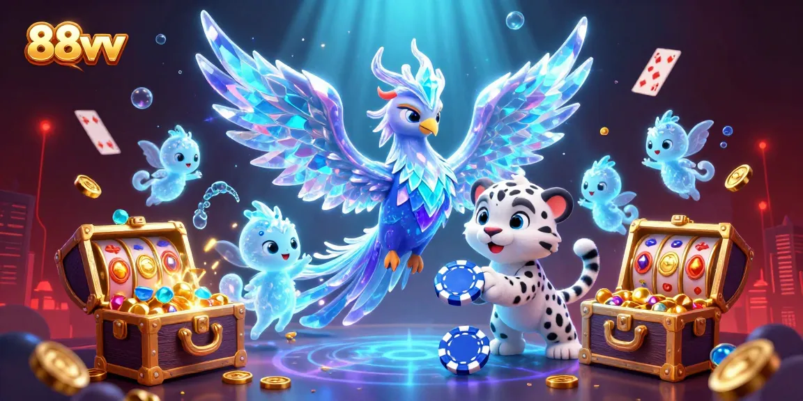 Experience the enchanting world of 88vv with vibrant characters playing poker amidst sparkling casino elements.