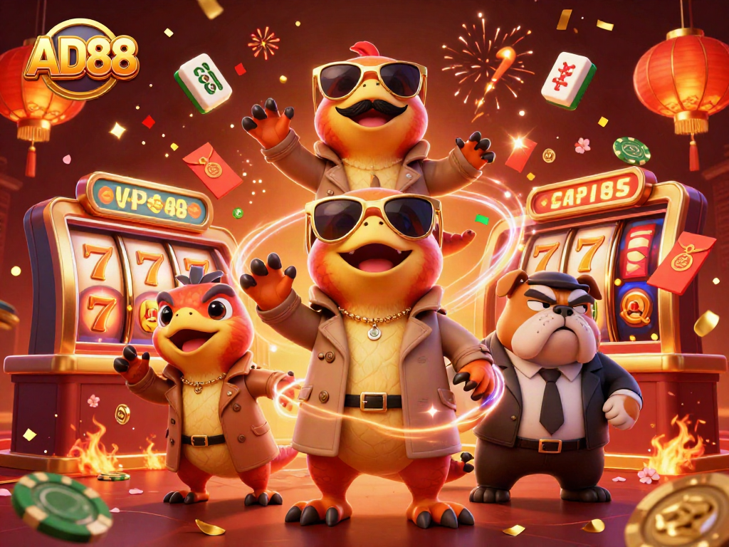 Raptors in trench coat humorously attempting entry into AD88 VIP casino lounge amidst gaming elements.