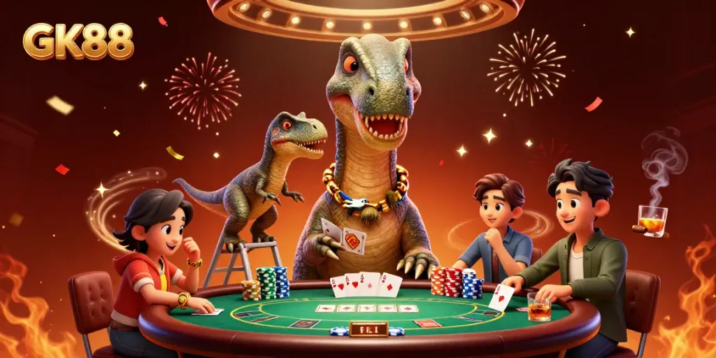 Engaging GK88 scene showcasing a giant dinosaur and raptor dealing cards over a poker table filled with chips and excitement.