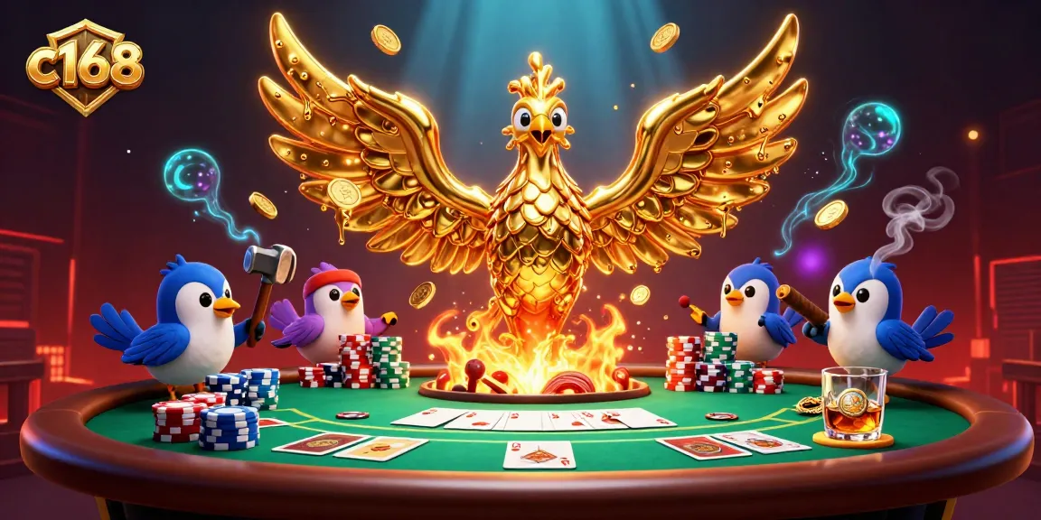Join the excitement at c168's vibrant casino, featuring a molten phoenix and poker elements.