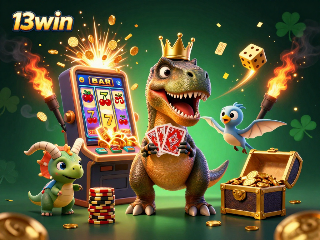 Experience thrilling gameplay at 13win, where a friendly T-Rex hilariously shuffles cards amidst a rich, vibrant casino scene.