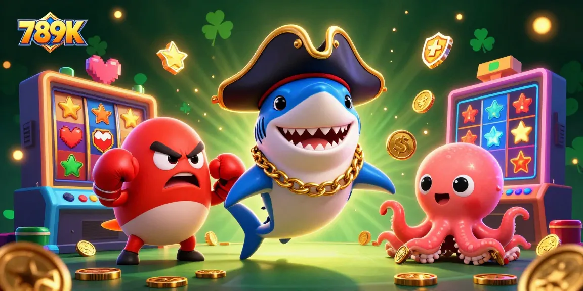 Engage with 789K's dynamic casino scene featuring a cheerful shark, boxing pufferfish, and coin-holding octopus.