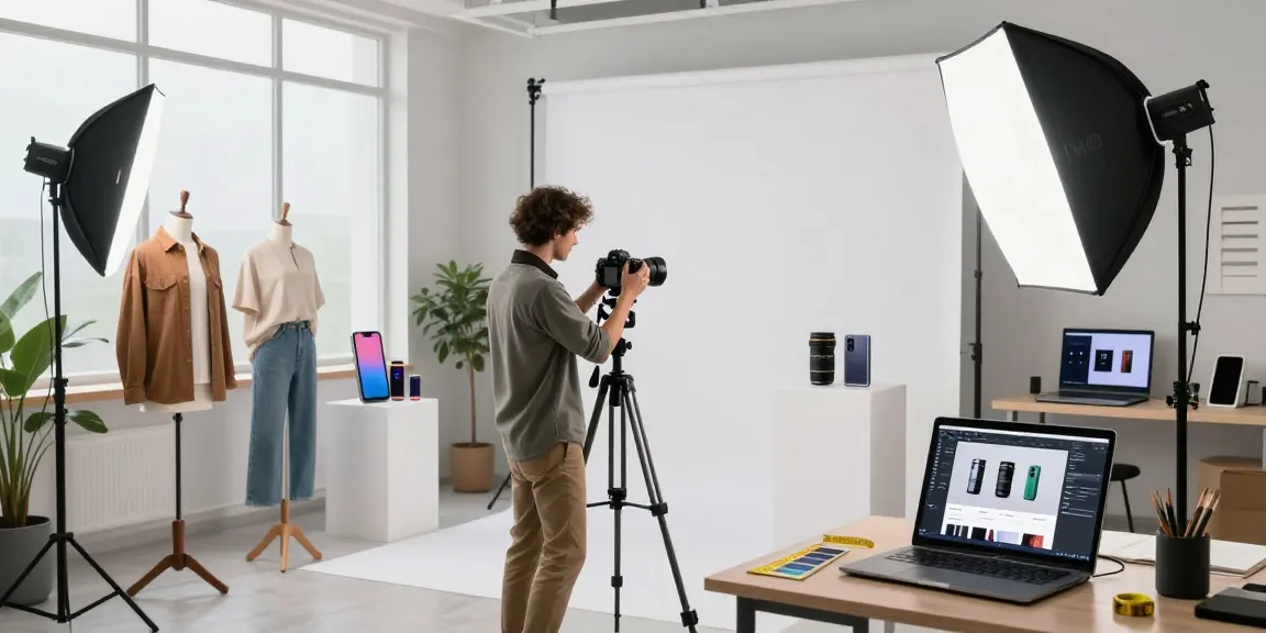 Set di servizi fotografici ecommerce di alta qualità con fotografo che cattura immagini di prodotto in uno studio ben illuminato.