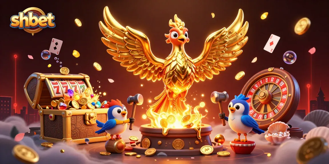 Engage with shbet's thrilling casino games featuring a molten golden phoenix surrounded by slot reels and coins.