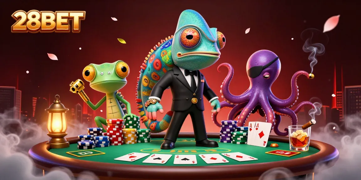 Experience thrilling games at 28BET with a lively casino scene featuring vibrant characters and dynamic gaming elements.