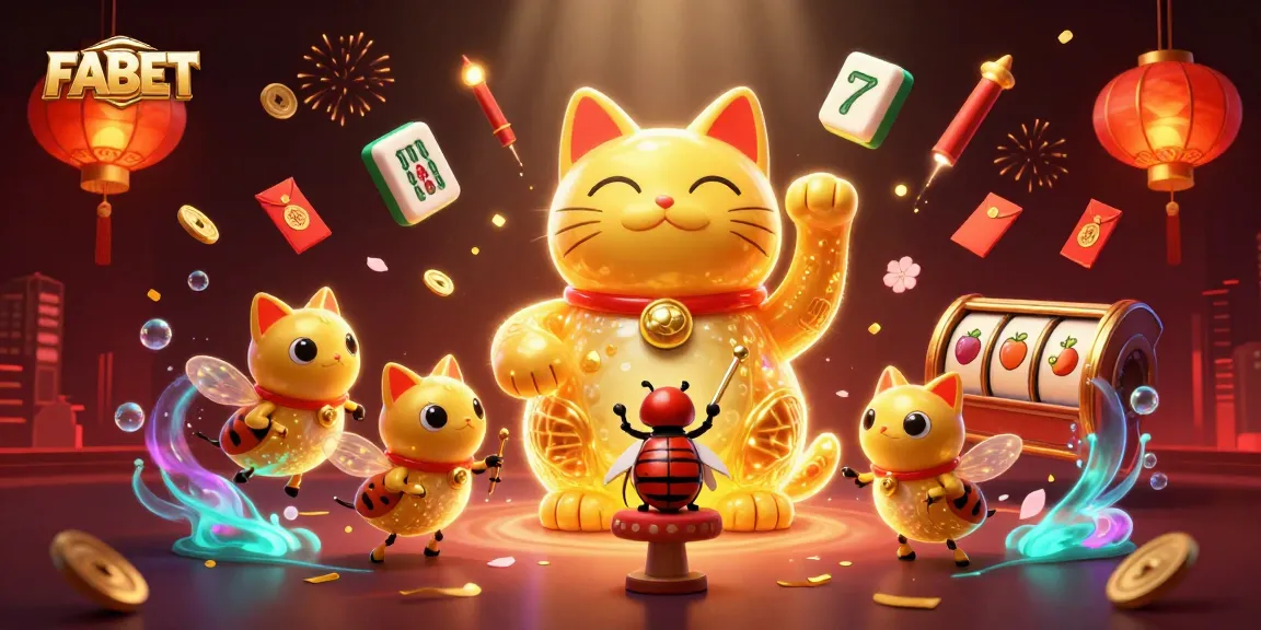 Experience FABET's vibrant casino magic with a lucky cat and dynamic gaming symbols in stunning detail.