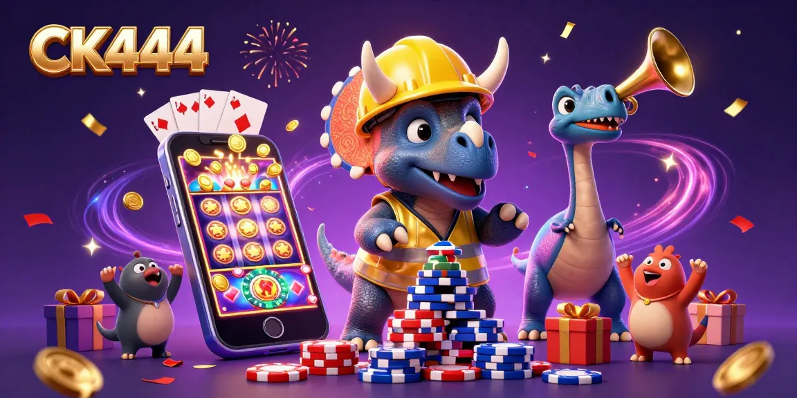 Engage with CK444's vibrant casino experience featuring a cheerful triceratops celebrating wins with poker chips and games.