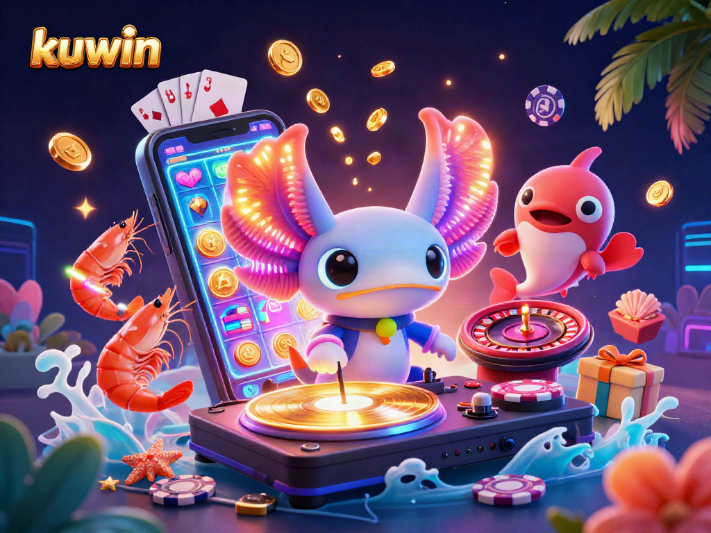 kuwin casino illustration featuring neon axolotl DJ and vibrant slot gaming elements