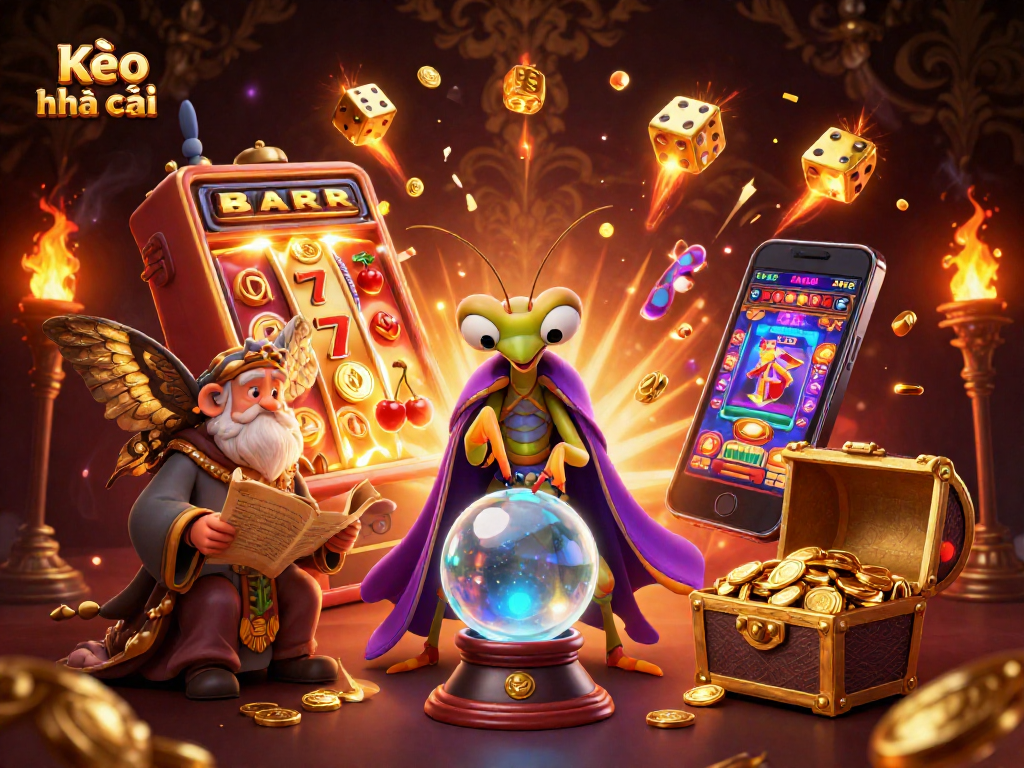 Kèo nhà cái showcases a vibrant casino scene with a fortune teller and a librarian amidst slot machines and gaming elements.