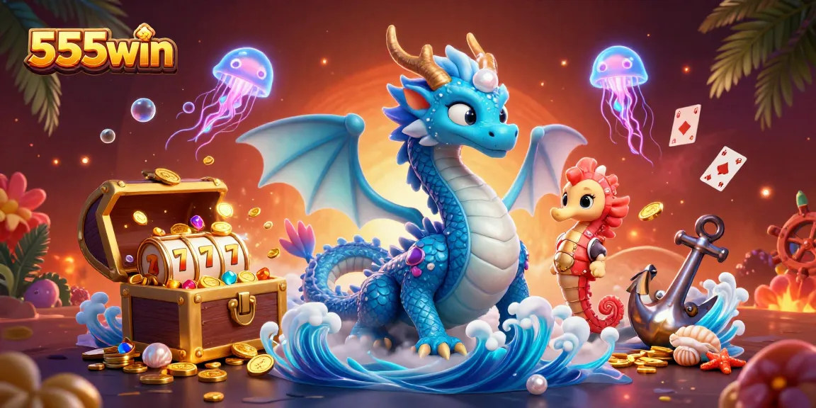 Experience thrills with 555win's captivating casino-themed illustration featuring a dragon, seahorse knight, and rich gaming elements.