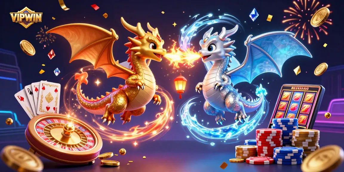 Experience VIPWIN's vibrant gameplay featuring gold and silver dragons amidst sparkling casino elements.