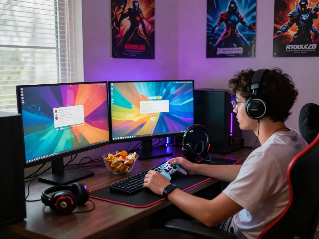 Player engaged with rokok88 login on multiple monitors in a vibrant gaming room.