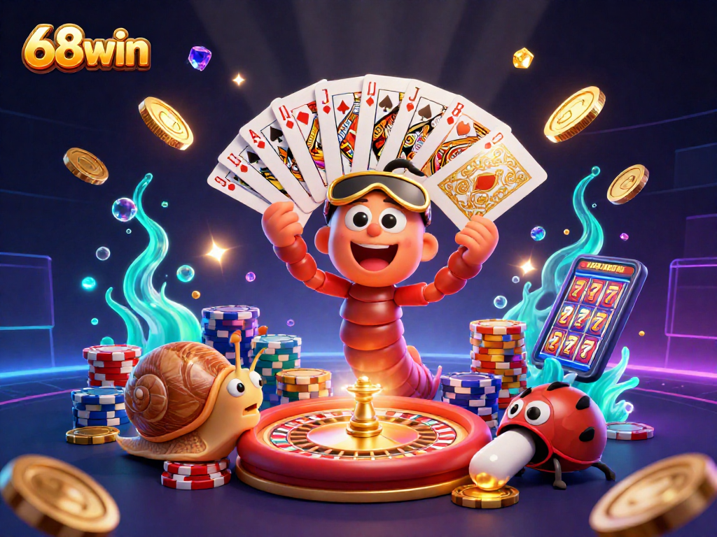 Experience thrilling gaming at 68win with a colorful casino scene featuring a millipede dealer and abundant prizes.