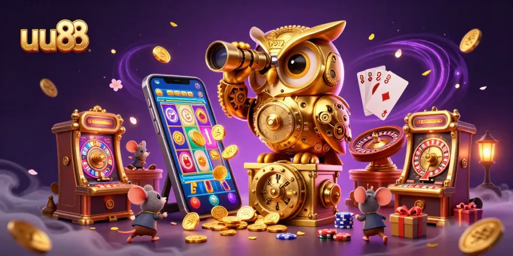 uu88 showcases an intricate casino scene with a golden owl, dynamic slot machines, and glowing game elements.
