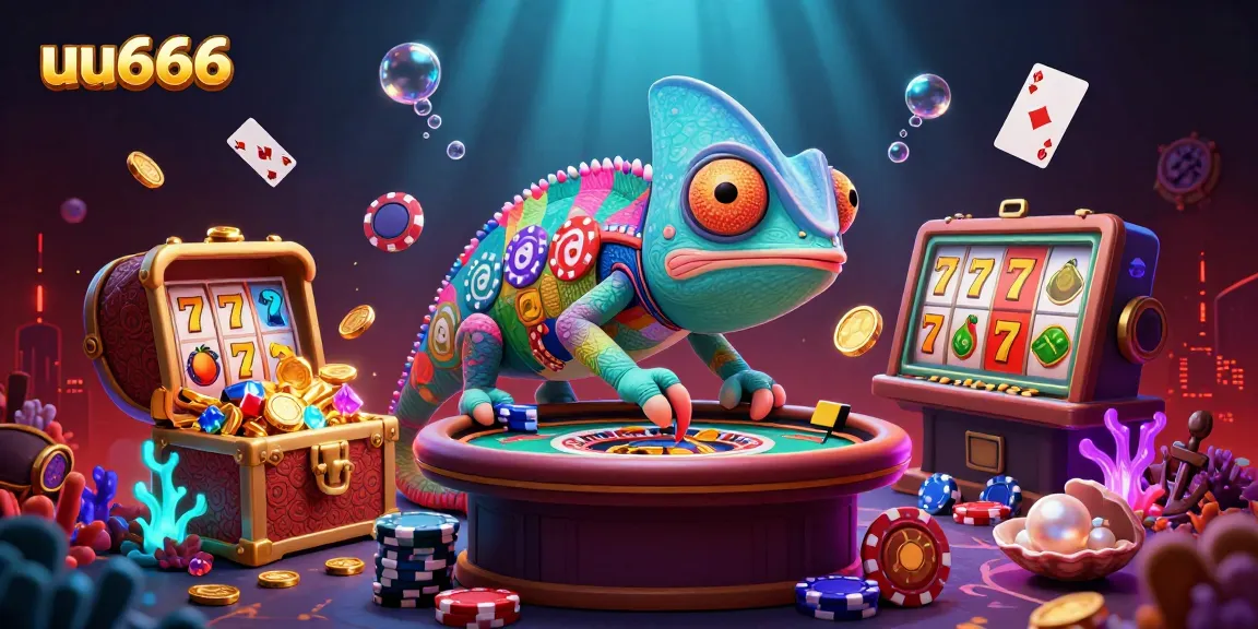 uu666 casino owner chameleon snaps golden coins in vibrant underwater scene packed with slot elements