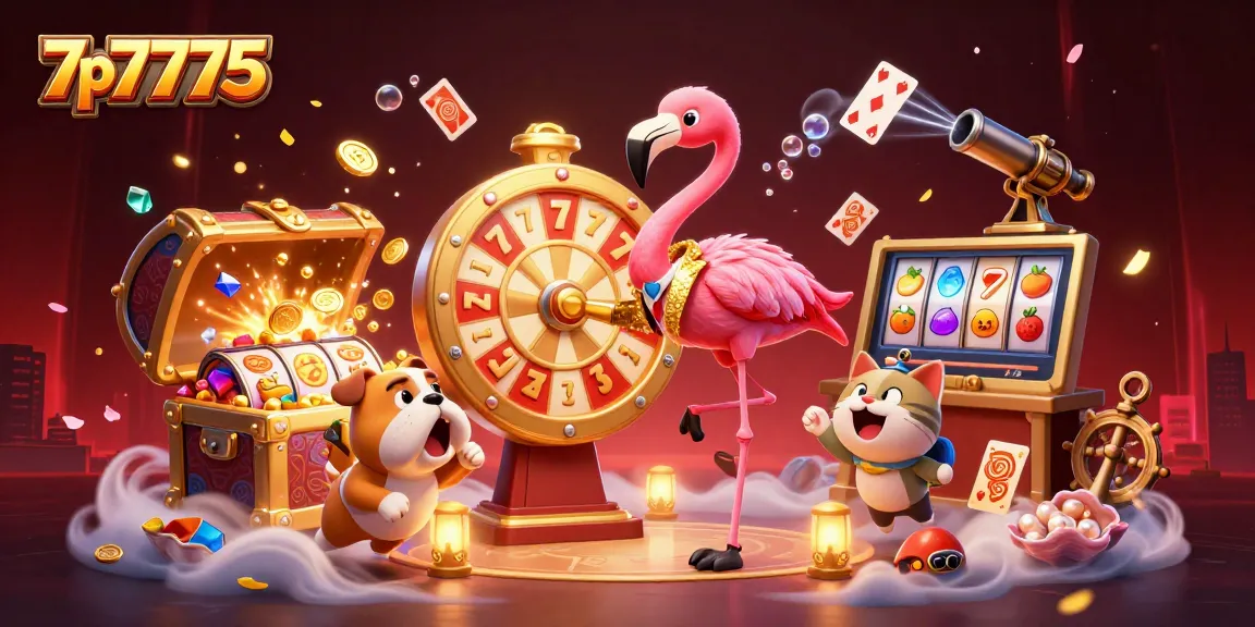 Engage in thrilling spins and excitement with 7p7775's vibrant casino illustration filled with thrilling game elements.