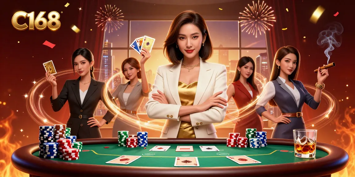 Join the excitement at C168 with a powerful businesswoman in casino elegance, surrounded by poker gameplay.