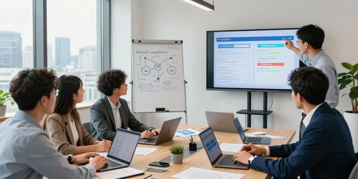 Collaborative team discussing business mobile deals UK in a modern conference room with documents and laptops.