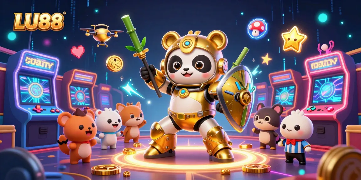 Engage with LU88's vibrant casino atmosphere featuring a golden panda mech-suit amidst colorful arcade elements.