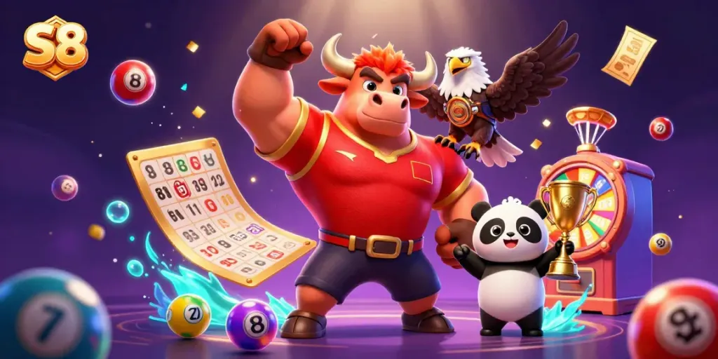 Experience thrilling S8 gameplay with a muscular bull and eagle celebrating wins alongside a joyful panda, surrounded by vibrant lottery elements.