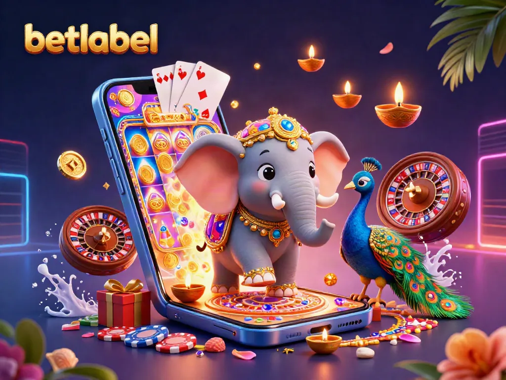 Experience thrilling games at BetLabel Casino with vibrant 3D illustration of a Diwali-themed scene.