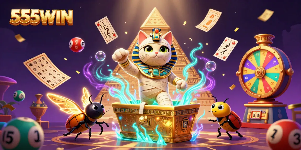 Experience the excitement of 555WIN with a cat-themed casino adventure featuring colorful lottery elements and vibrant characters.
