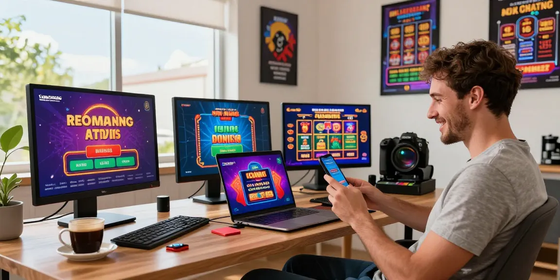 Giocatore che si gode un'esperienza da casino non AAMS a casa con schermi di gioco vivaci e decorazioni moderne.