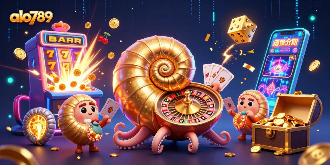 Alo789 captures thrilling casino excitement with a giant nautilus roulette wheel and vibrant jackpot symbols.