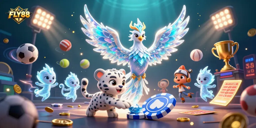 FLY88 enhances the gaming experience with vibrant characters and dynamic sports elements in a lively 3D illustration.