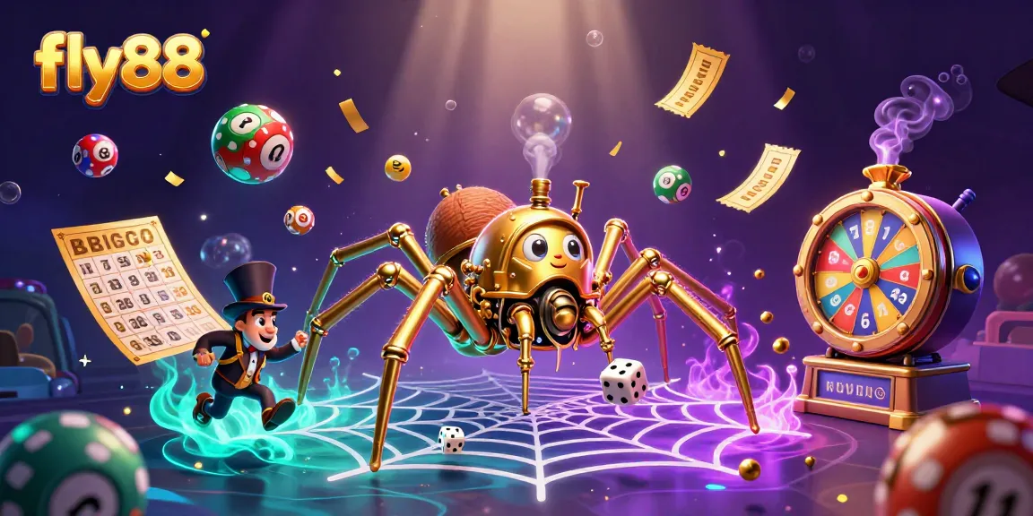 Fly88's captivating casino adventure with golden spider, lottery balls, and vibrant gaming elements