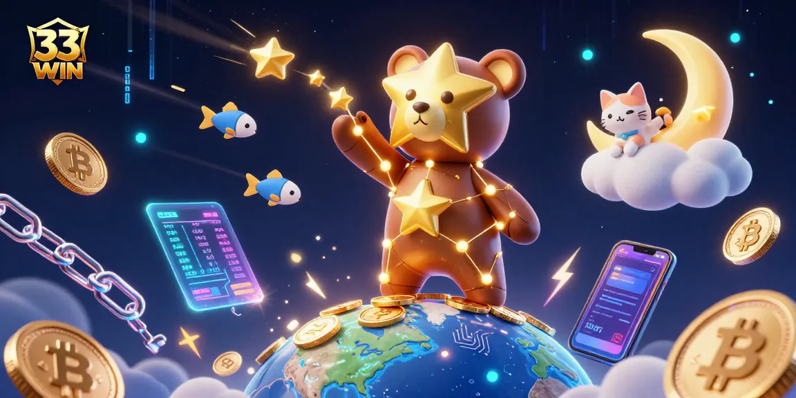 Experience the thrill of winning big at 33WIN with stunning visuals of golden stars and casino elements.