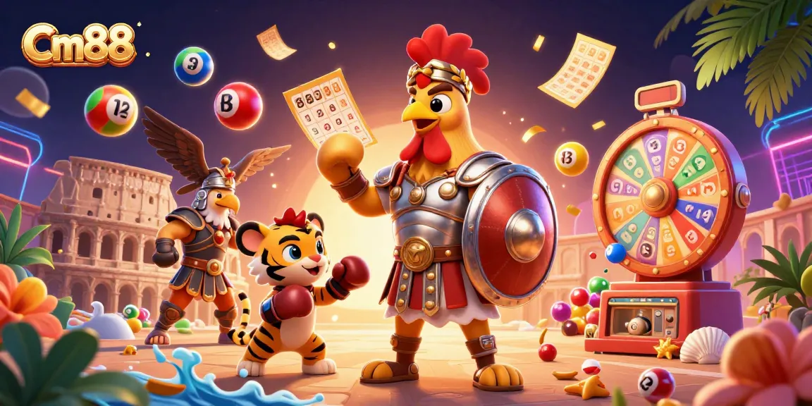 Engage with Cm88's exciting lottery action featuring vibrant balls, prize wheels, and dynamic characters in a colorful scene.