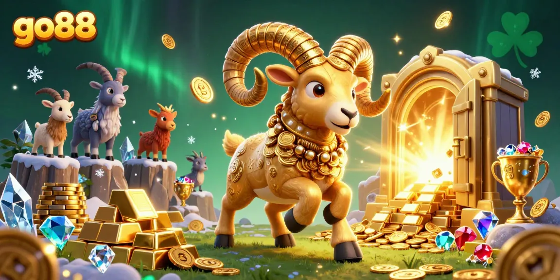 Experience thrilling wins at go88 with vibrant golden ram and treasure elements in this dynamic casino scene.