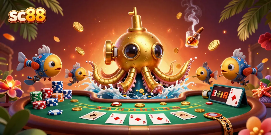 Engage with the exciting casino experience at sc88 featuring a golden kraken submarine amidst poker action.