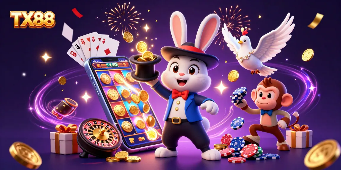 TX88 captivates players with a magical scene of a rabbit pulling coins, surrounded by dynamic casino elements.