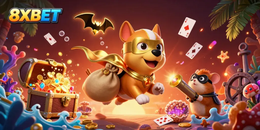 8XBET offers a vibrant gaming scene featuring a superhero dog with gold coins, floating cards, and bioluminescent coral.