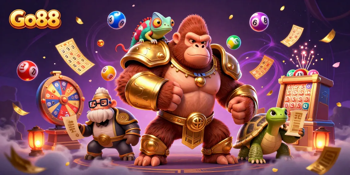 Experience the excitement of Go88 with vibrant gaming elements in a lively 3D casino scene.