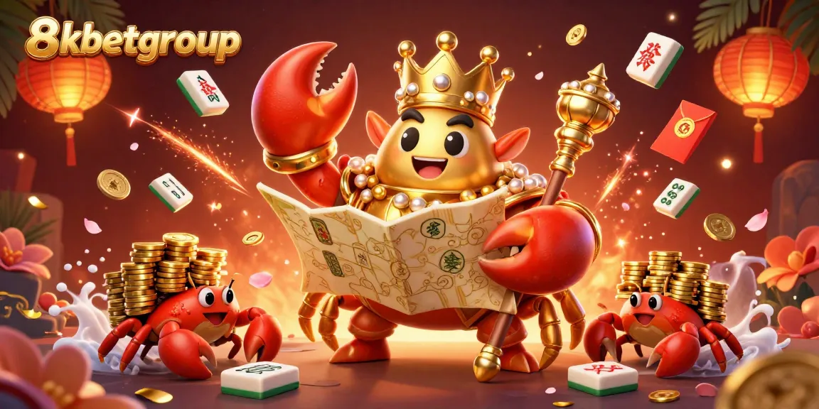 Engage with 8kbetgroup's vibrant casino scene featuring a golden crab emperor, treasure maps, and dynamic game elements.