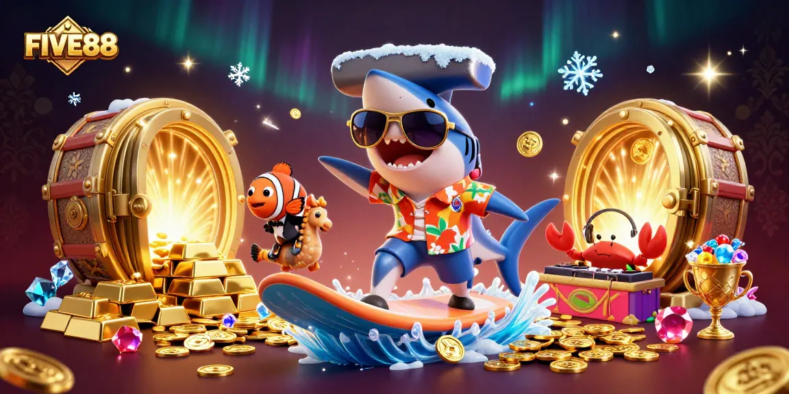 Experience the thrill of winning at FIVE88 with vibrant casino-themed characters and rich treasures in this dynamic illustration.