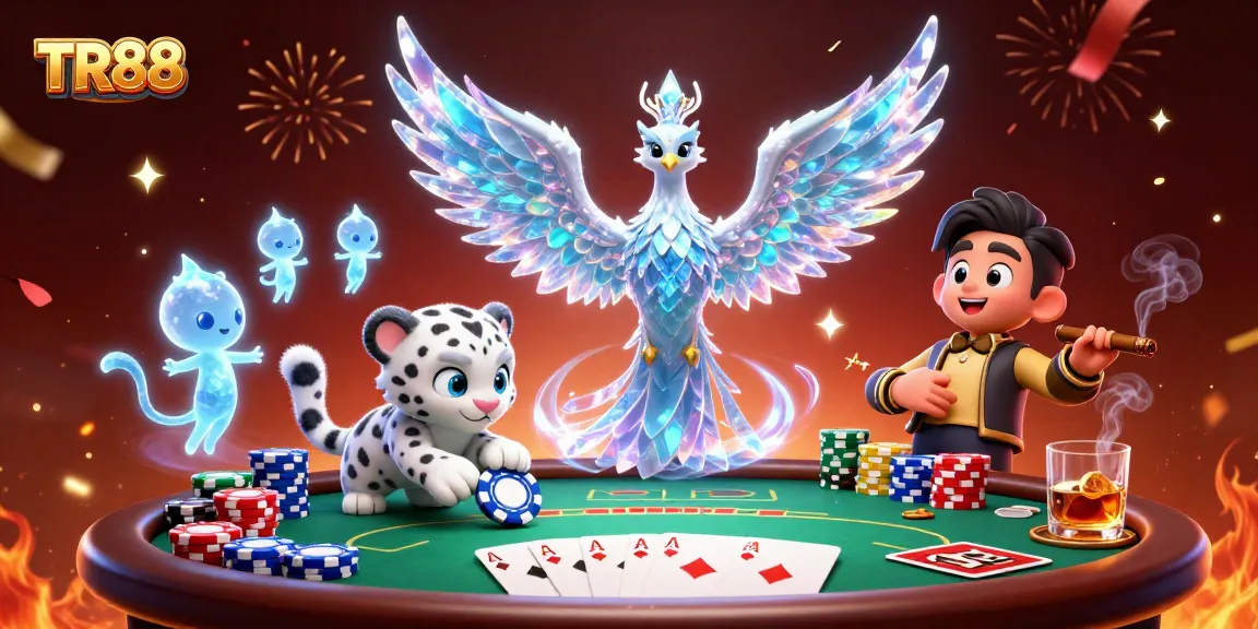 Win big with TR88 at the vibrant poker table surrounded by enchanting characters and festive elements.