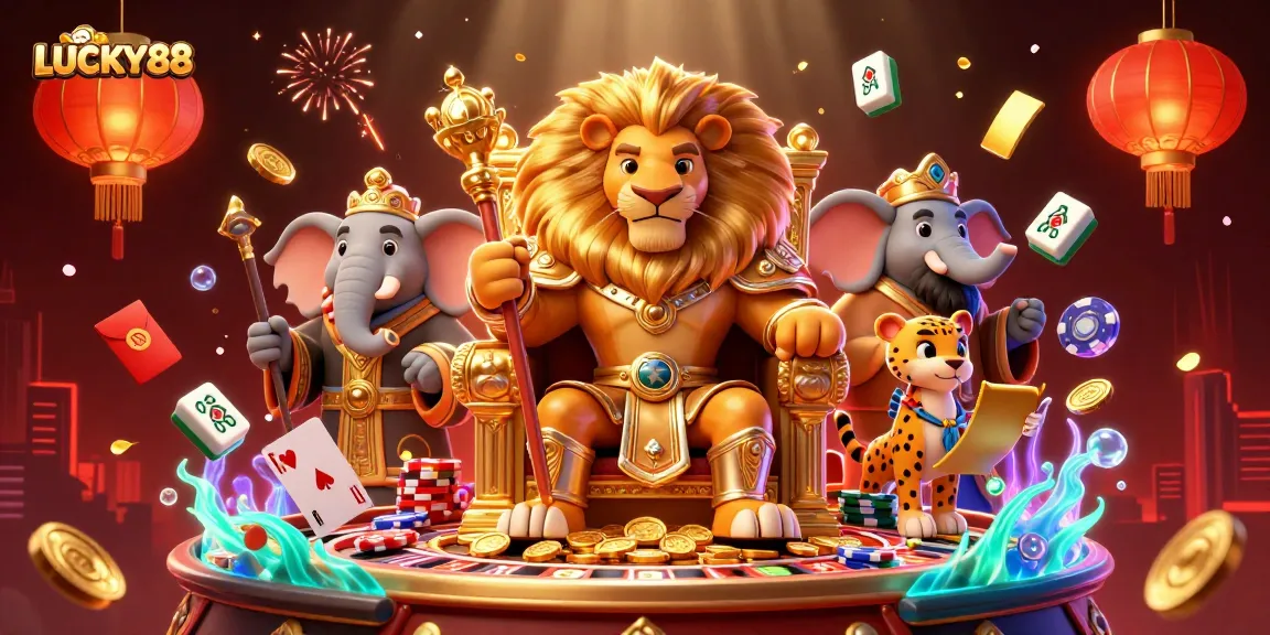 Experience LUCKY88’s vibrant casino scene with a fierce lion king, wise elephant, and swift cheetah among game elements.